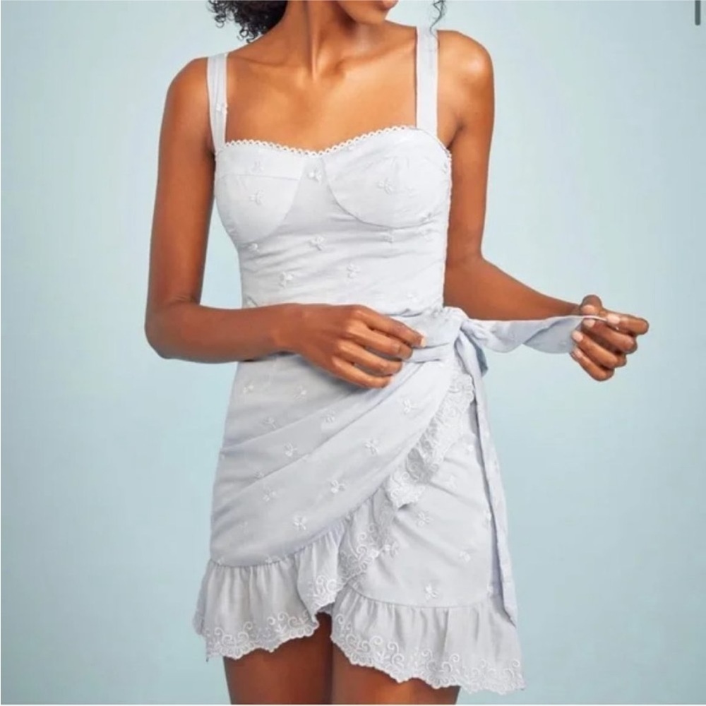 NWT Reformation Ives Mini Light Blue Embroidered Dress 100% Cotton Size 0